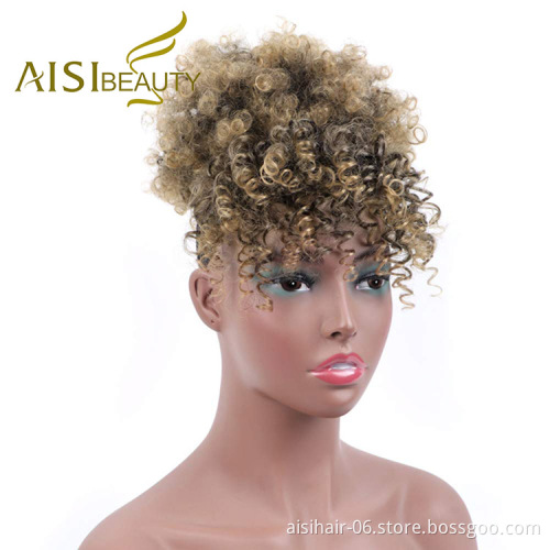 Aisi Beauty New Design Wholesale Mixed Brown Blonde Fluffy Puff Hairpiece Extension With Bangs Curly Afro Kinky Afro Hair Bun